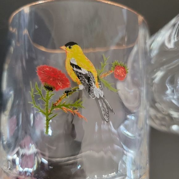 Bird Cardinal and Gold Finch lowball cocktail glasses‎ gold rim wavy glass - Picture 6 of 6